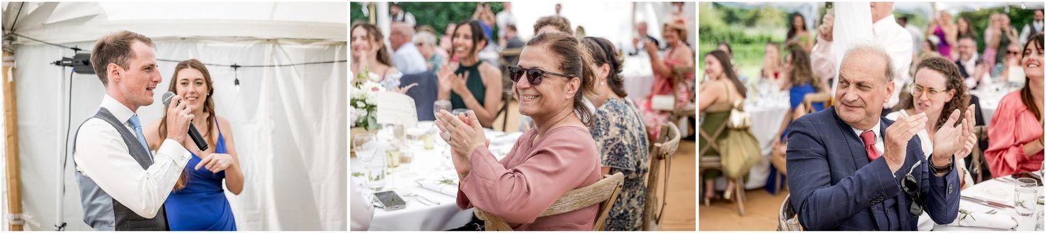 Candid moments of wedding guests enjoying the celebration and taking photos.