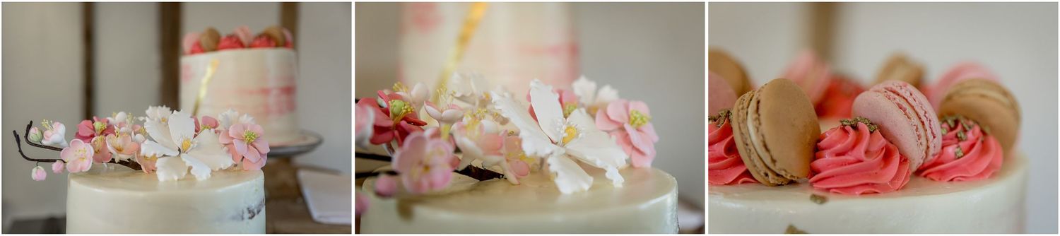 Wedding cake decorated with pink and coral flowers shown from multiple angles.