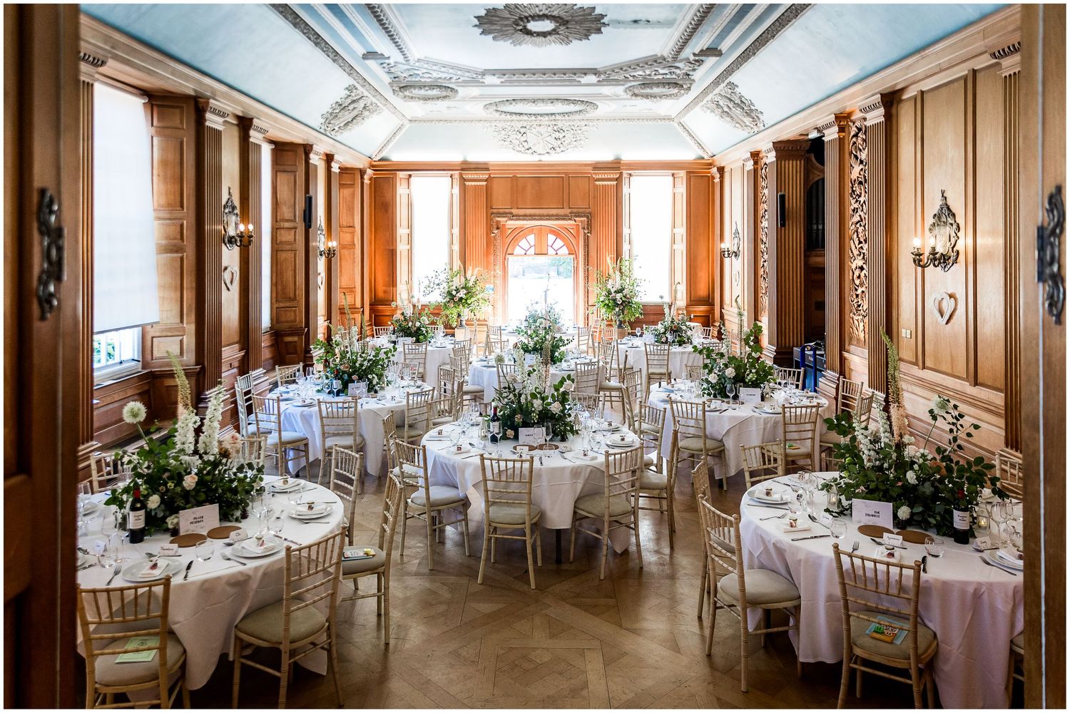 The interior of the elegant main dining room at Walhampton School, before the wedding breakfast.
