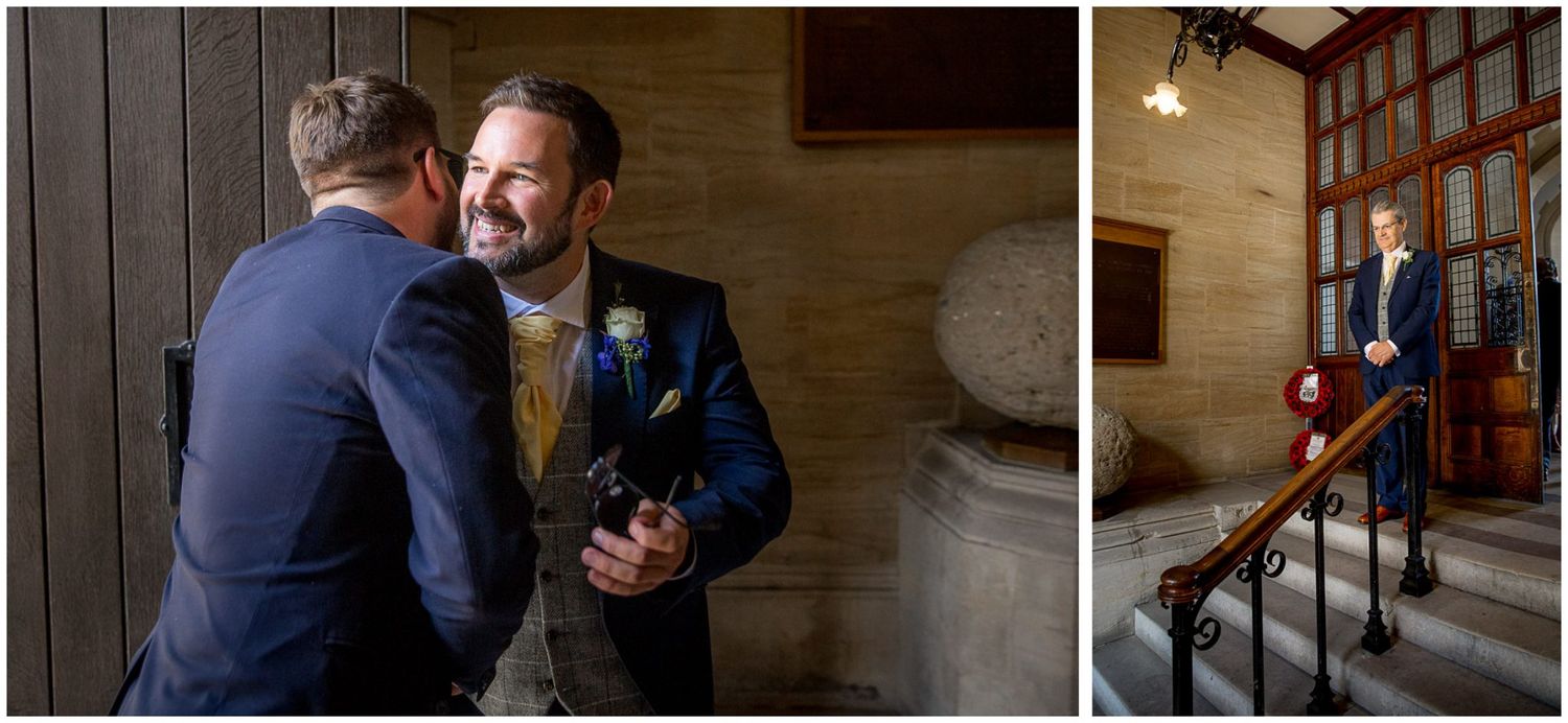 A person in a dark suit embraces a black dog in a series of heartwarming photos inside a home.