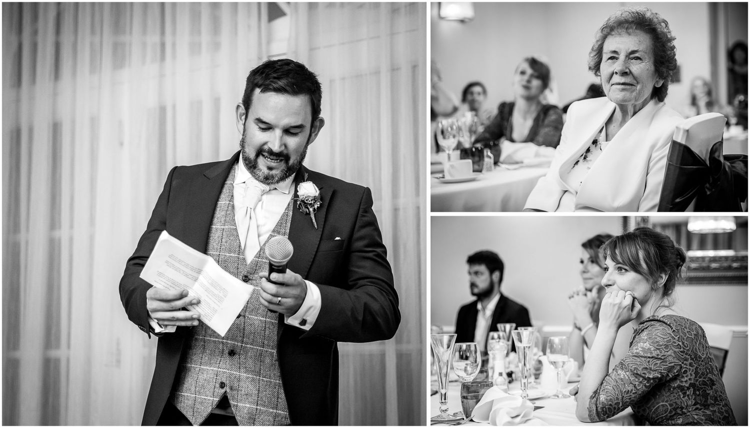 A series of black and white wedding photographs showing candid moments of laughter and joy during a celebration.