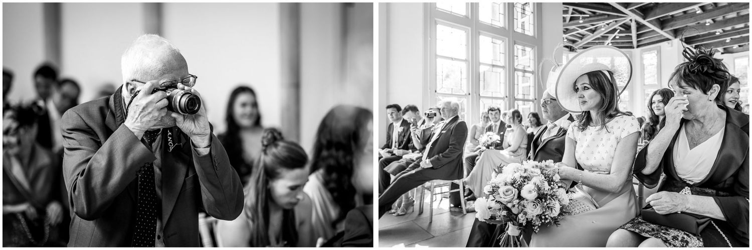 Black and white wedding ceremony photos showing emotional moments.