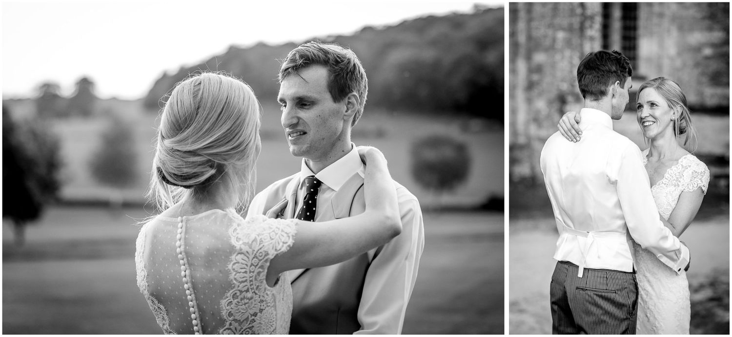 Black and white portraits of newlyweds sharing intimate moments outdoors.