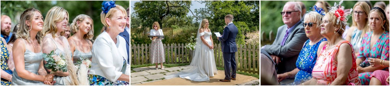 Wedding guests enjoy an outdoor celebration with candid moments and laughter during a summer reception.