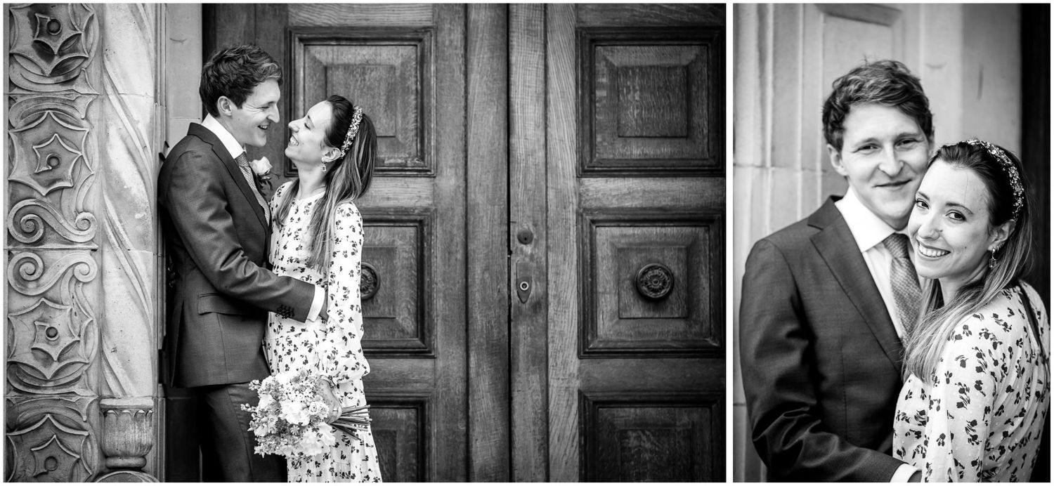 Black and white wedding portraits captured in front of ornate wooden doors.