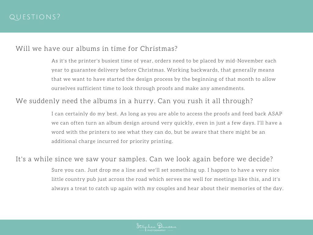 Text message screenshot on turquoise background discussing Christmas album delivery and sample requests.