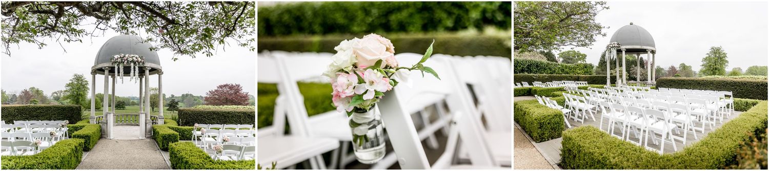 Garden wedding ceremony setup with white gazebo and chairs arranged on manicured lawn.