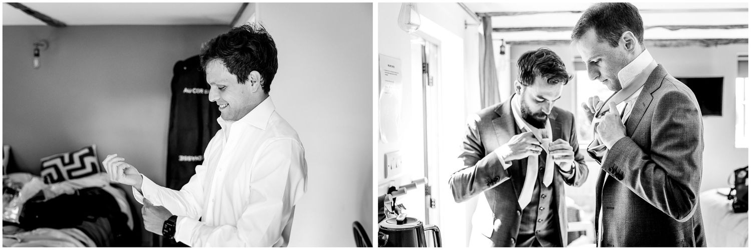 Black and white candid shots showing interactions in a modern interior space.