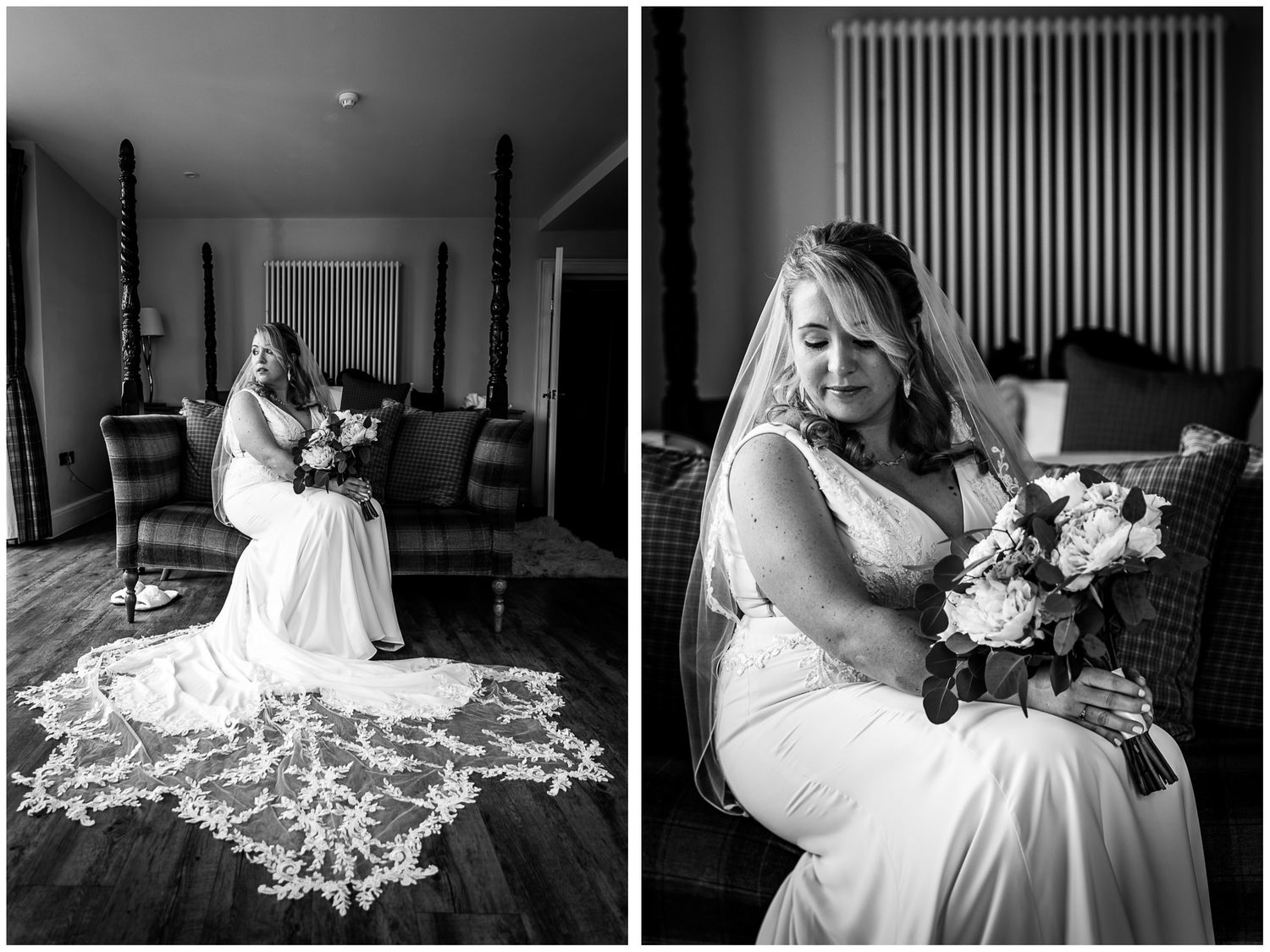 Black and white bridal portraits showing elegant dress details and floral bouquet.