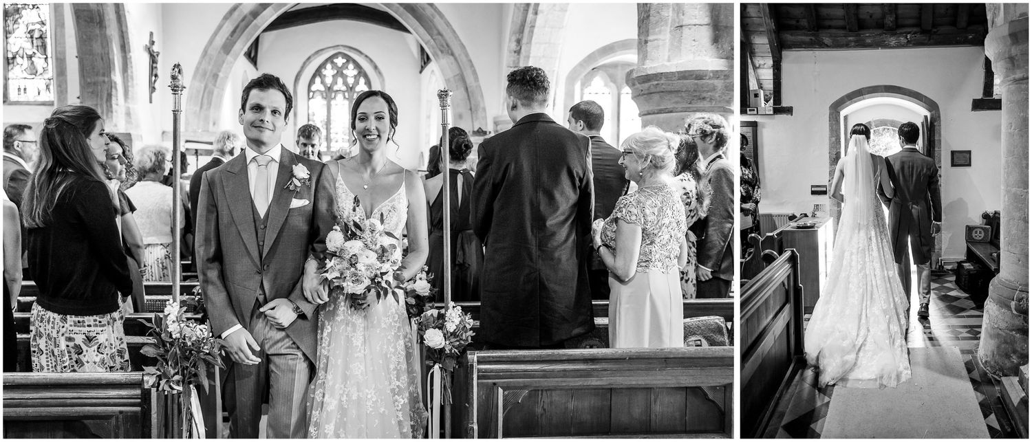 Series of black and white wedding photographs in a church setting.