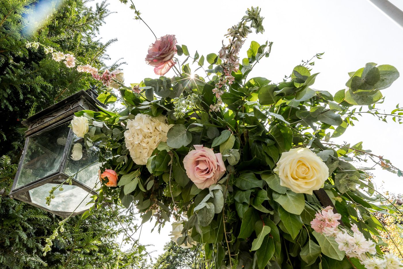 Floral wedding arch decorated with white roses and greenery against a natural outdoor backdrop.