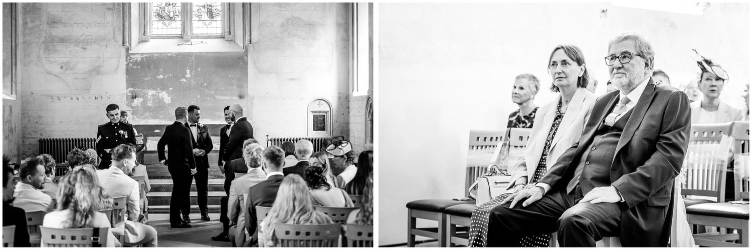 A collection of vintage black and white photographs showing people in formal settings and gatherings.