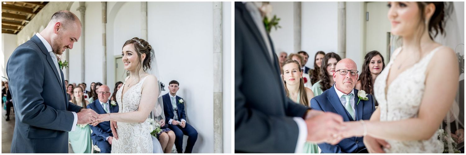 Elegant wedding ceremony moments captured in bright indoor venue with white decor.