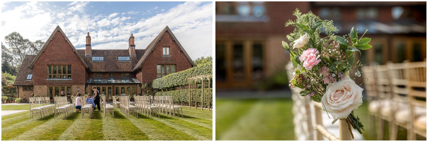 Exterior view of a rustic brick wedding venue with beautiful landscaping and gardens.