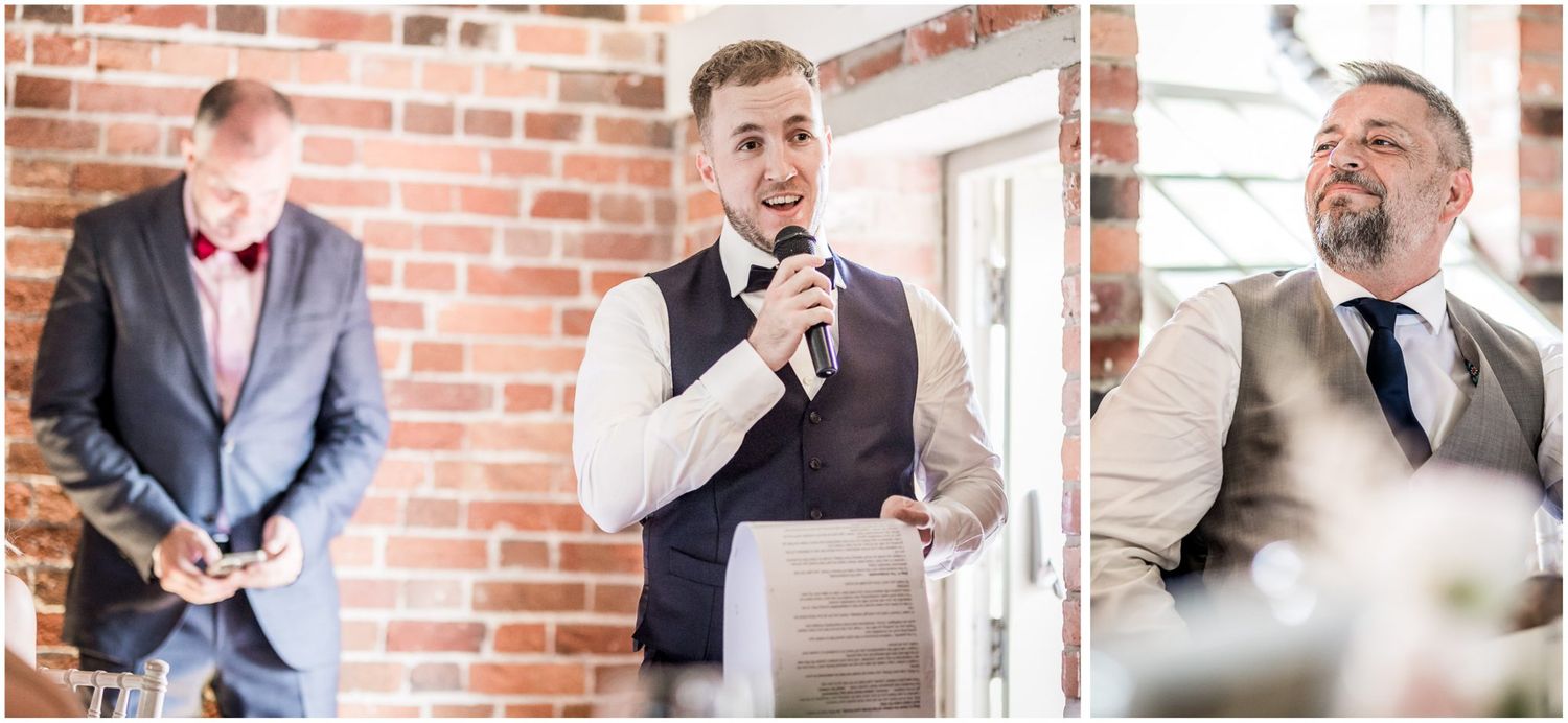 Candid moments of wedding party members during reception at brick-walled venue.