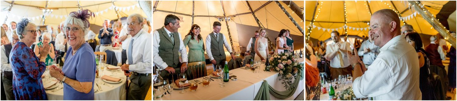 Candid moments of wedding guests celebrating at the reception under warm tent lighting.