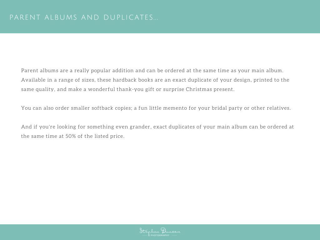 Turquoise design template page displaying 'PARENT ALBUMS AND DUPLICATES' header with white text and layout elements.