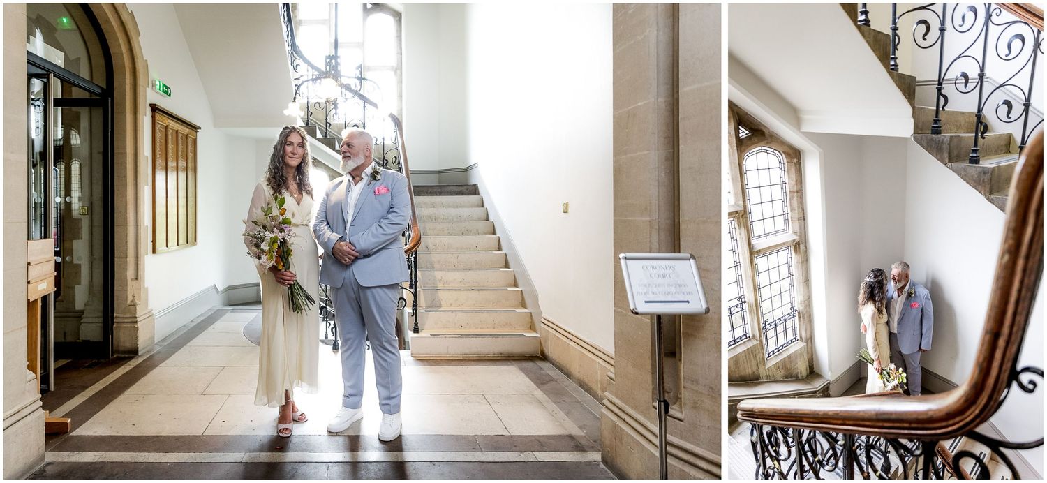 Winchester registry office interior couple portraits on the staircase
