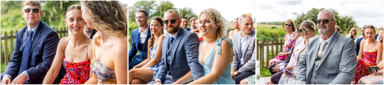 Wedding attendees enjoy festivities at an elegant outdoor venue.