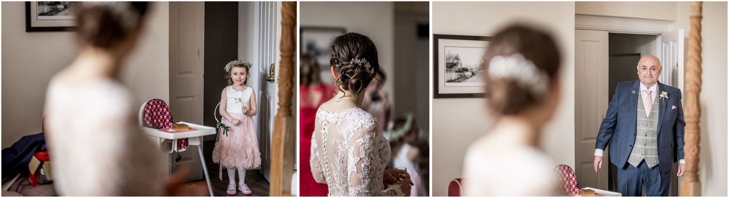 Series of wedding preparation photos showing dress details and quiet moments.