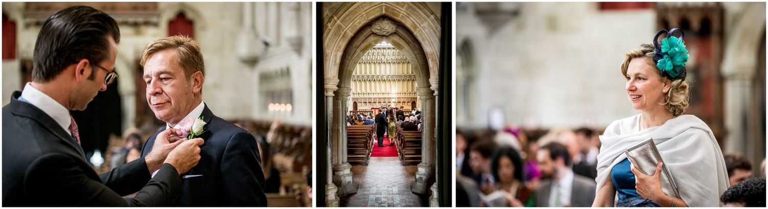 A series of wedding photos showing candid moments between a couple and guests during a celebration.
