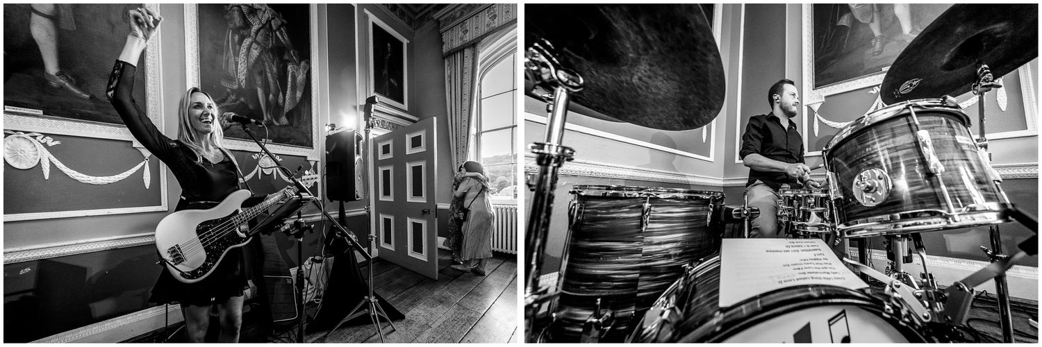 Black and white photos of musicians playing instruments at a wedding reception.
