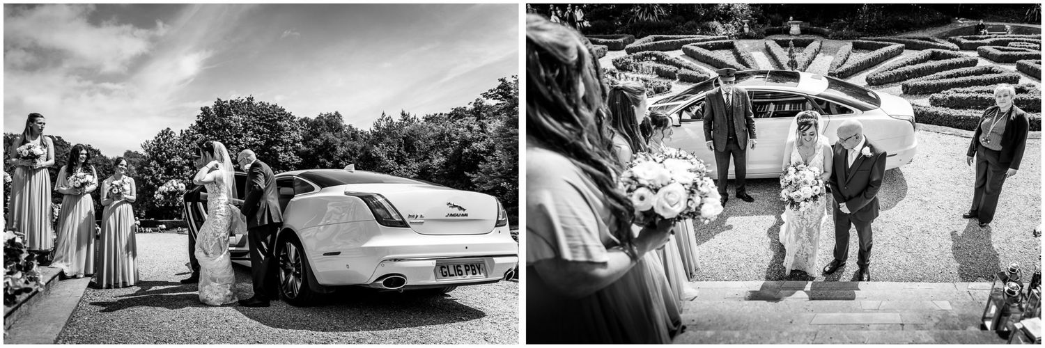 Black and white wedding photo collage showing outdoor ceremony moments and classic car details.
