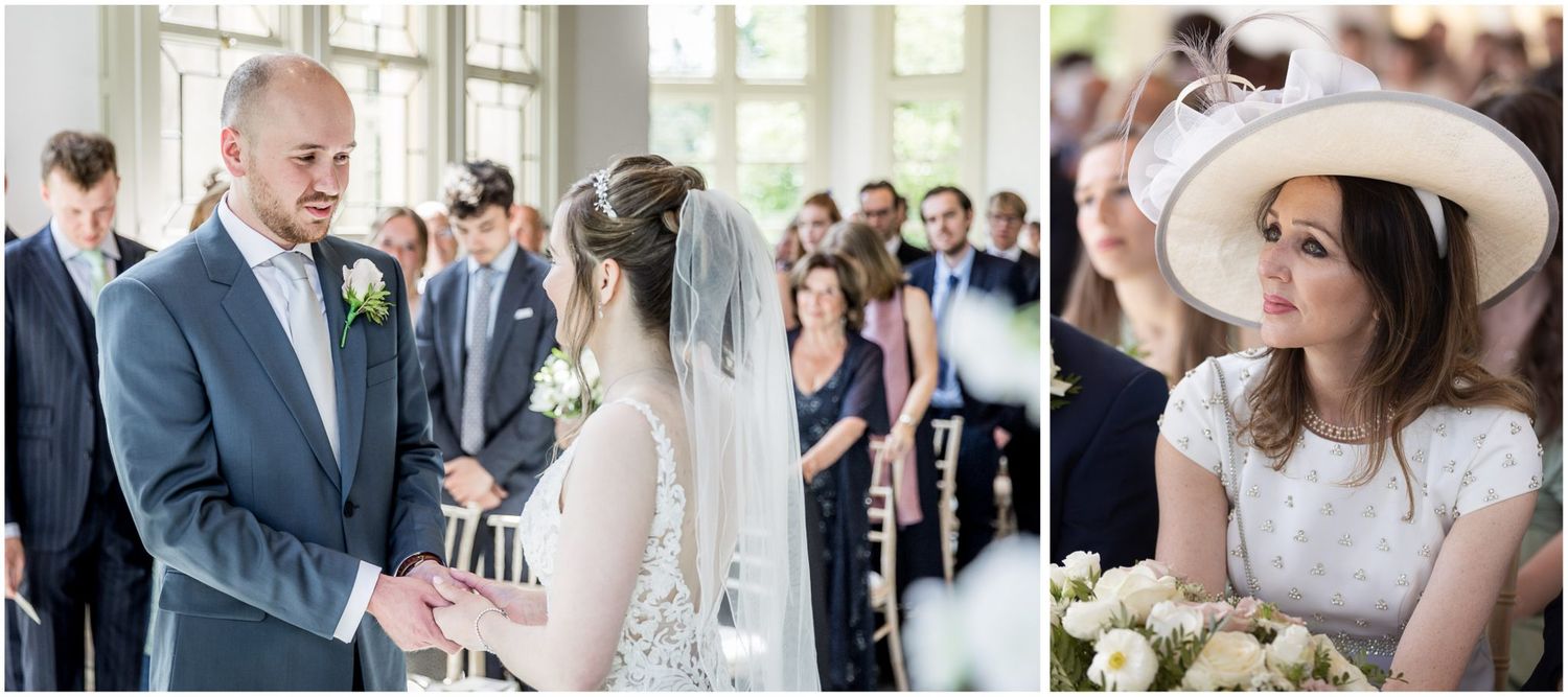 Wedding ceremony candid moments in bright indoor venue with classic decor.