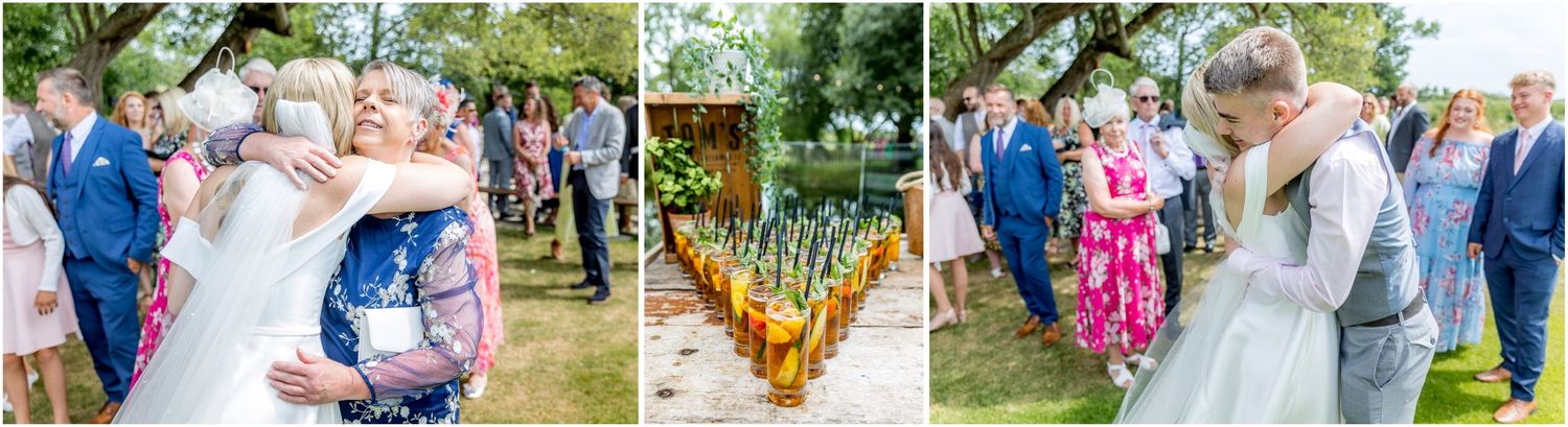 Wedding guests mingle and celebrate outdoors on a sunny summer day during the reception.