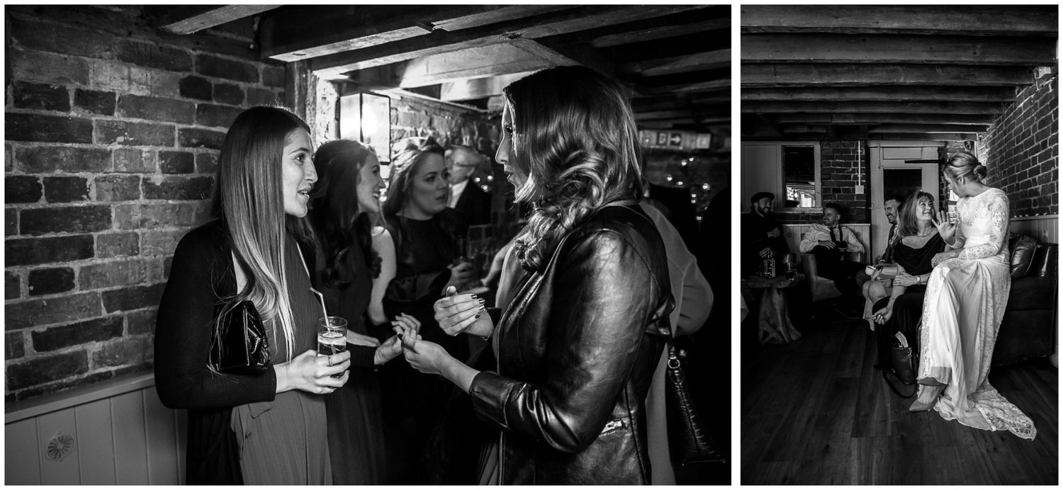 Black and white reception photos capture intimate dance moments in dimly lit venue.