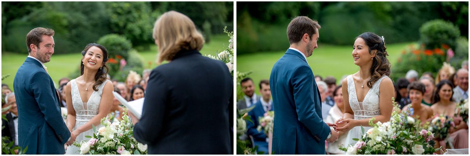 Candid moments captured during an outdoor garden wedding celebration.