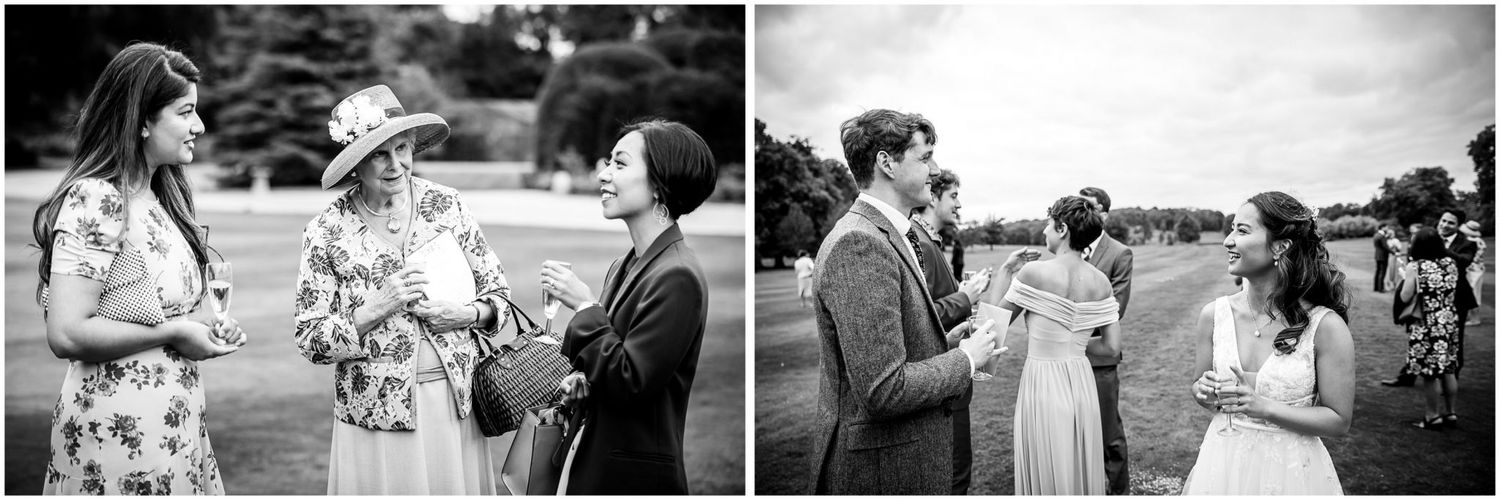 Elegant black and white photographs capturing candid moments at a formal outdoor wedding.