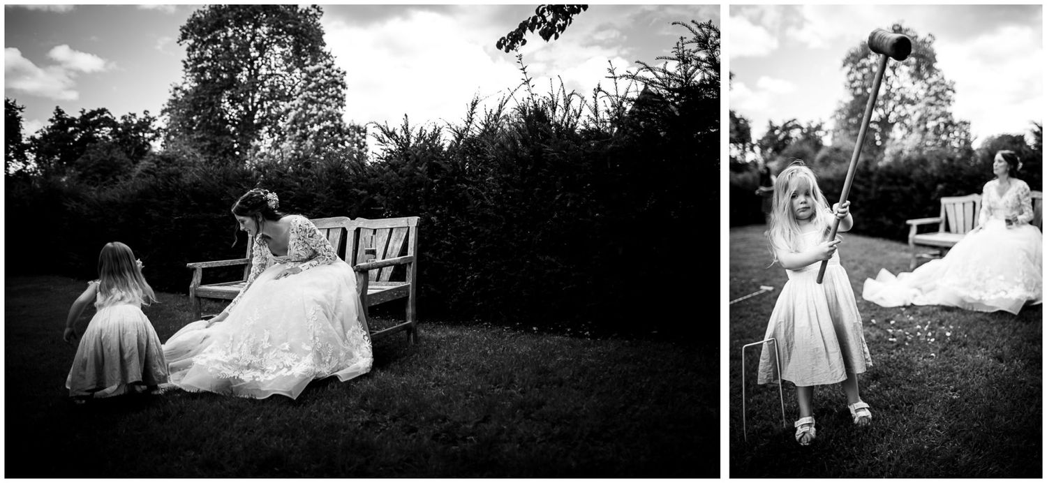 A series of black and white wedding photographs arranged in a horizontal filmstrip layout showing outdoor ceremony moments.
