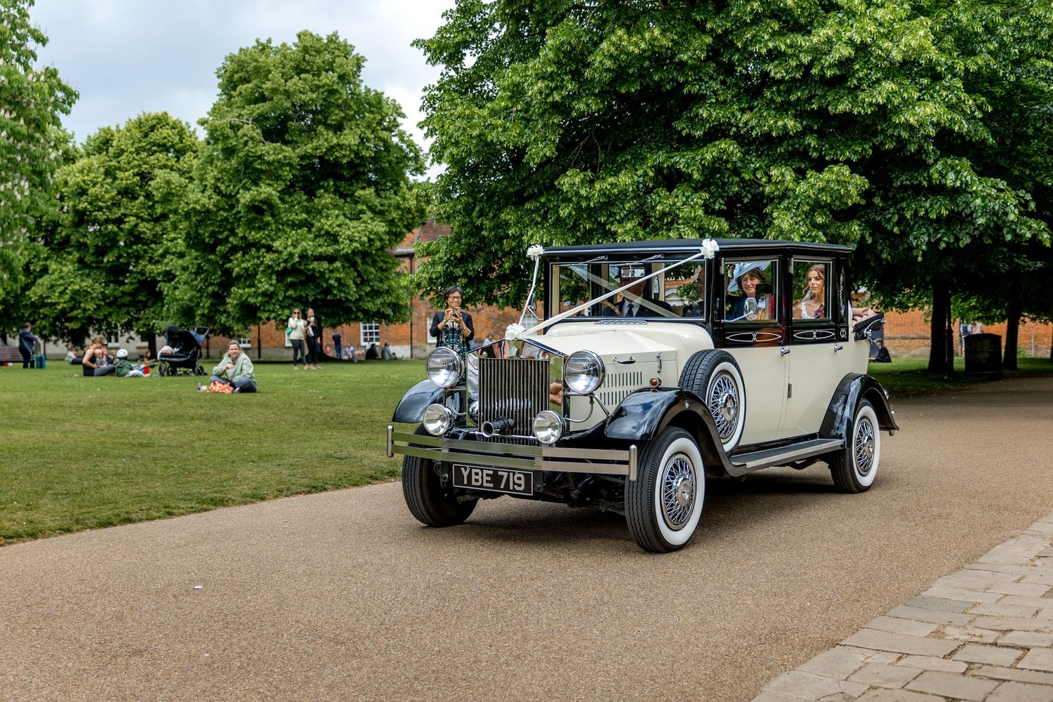 Classic vintage cars parked on a tree-lined driveway at an estate.