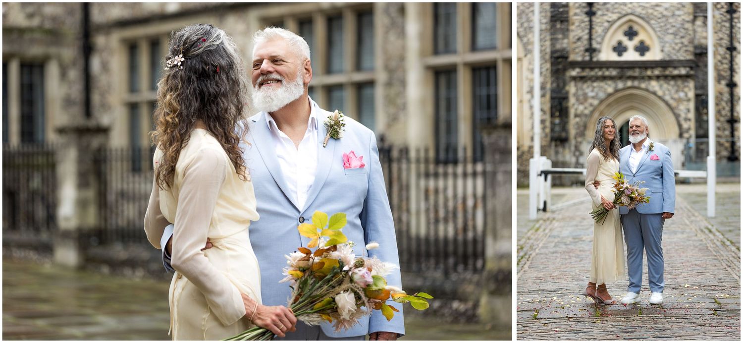Bride and groom wedding portraits on Castle Avenue outside Winchester registry office.