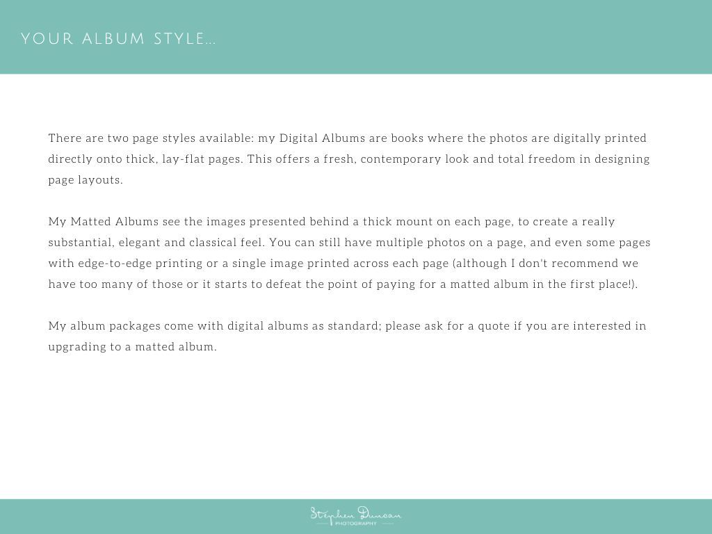 A light turquoise page layout with white text showing 'YOUR ALBUM STYLE' and design elements for photo album customization.