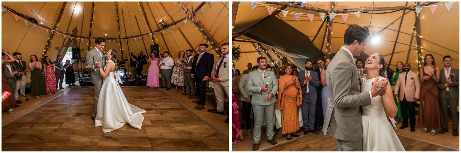 Bride and groom share their first dance in a stunning tipi wedding venue with warm fairy lights and guests watching.