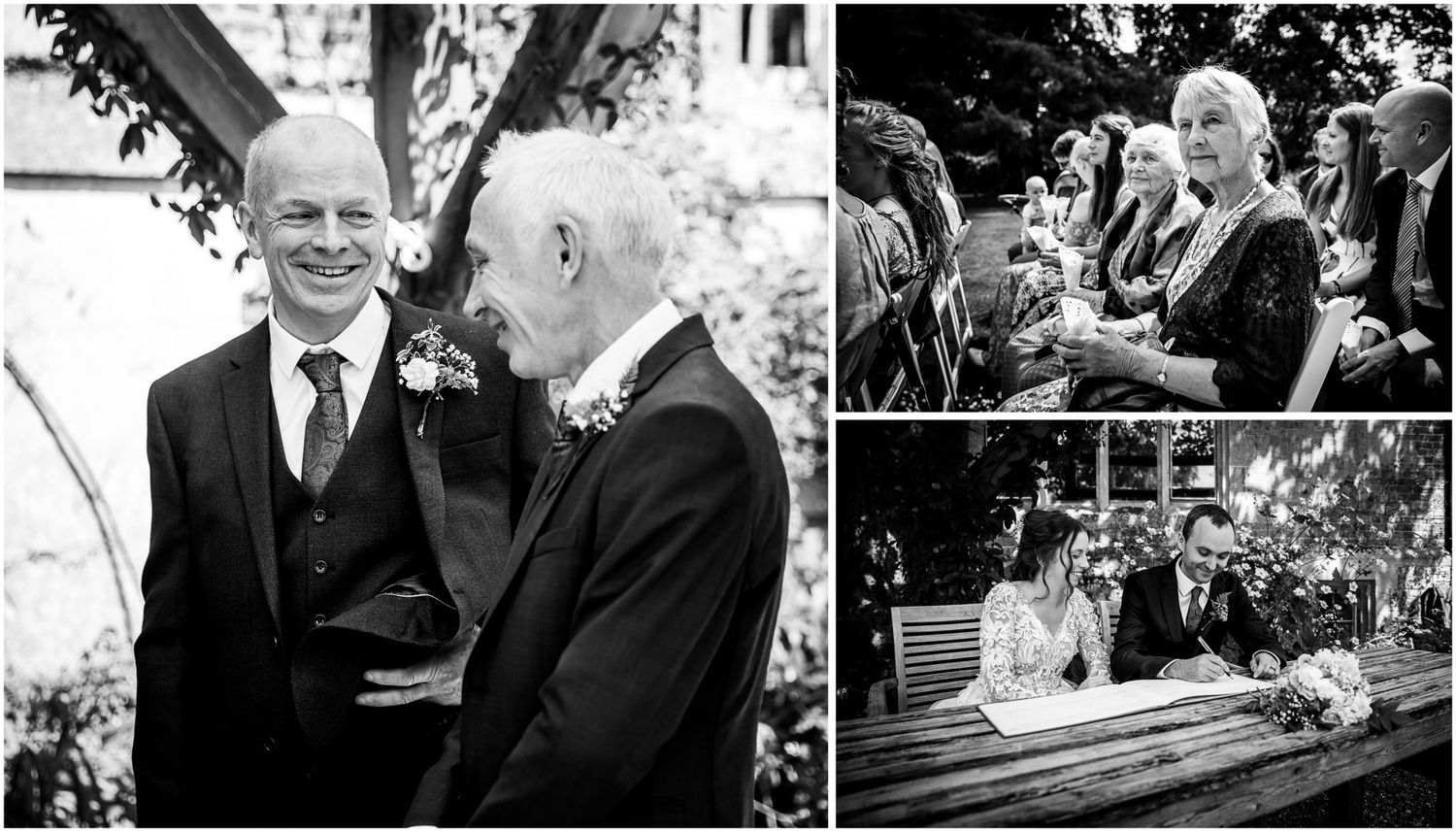A black and white photo strip showing candid moments from an elegant outdoor wedding celebration.