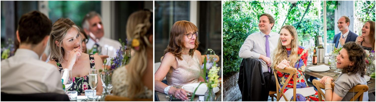 Lush garden party setting with guests enjoying refreshments and conversation at decorated tables.