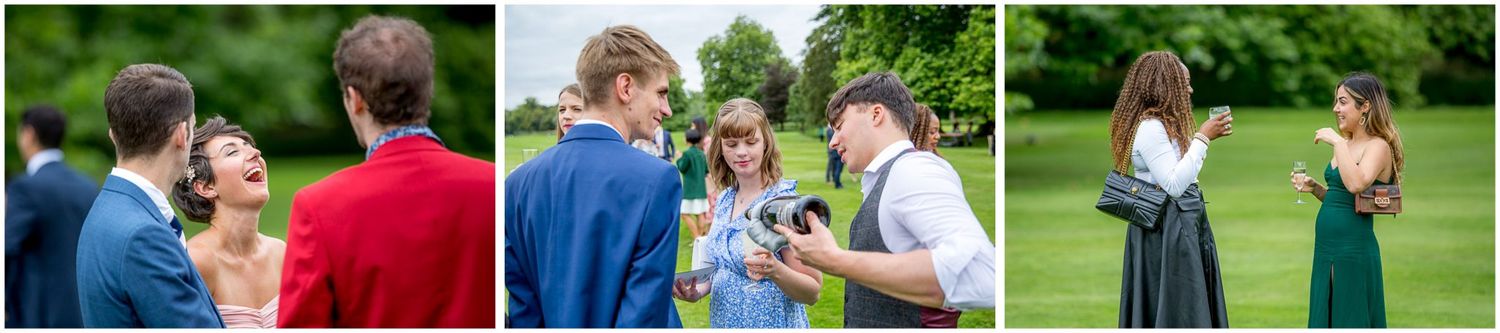 Candid moments captured of wedding guests interacting during an outdoor garden reception.