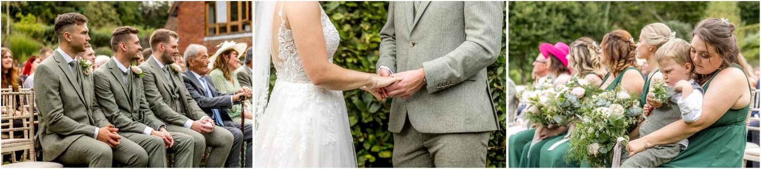 Wedding ceremony moments captured in a series of outdoor garden photographs.