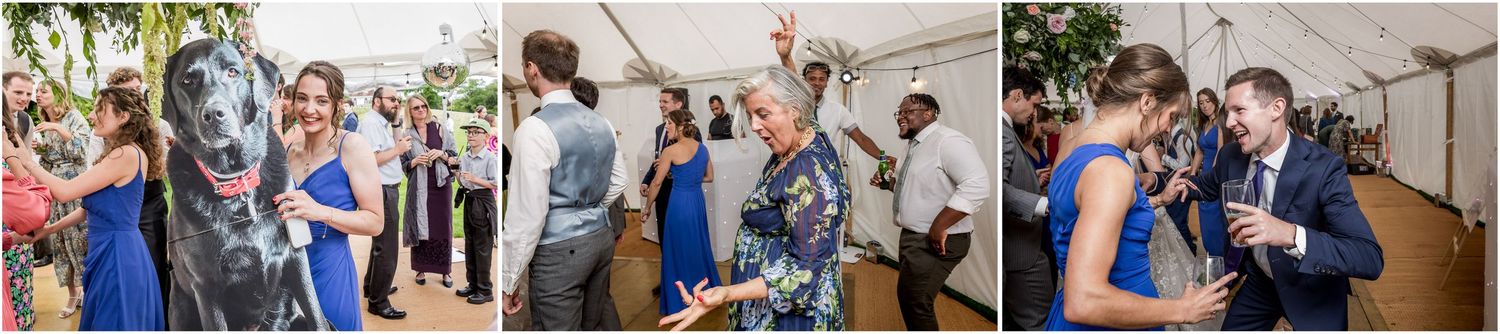 Dance floor scenes from a lively wedding reception with guests enjoying the celebration.