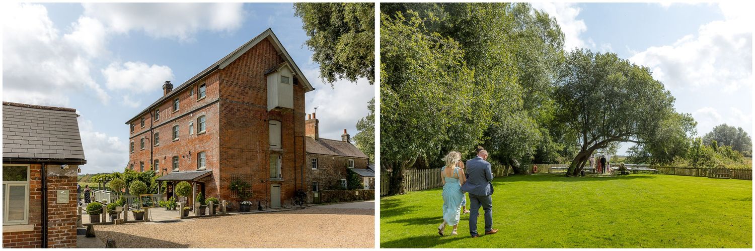 Exterior of brick wedding venue building and couple walking on green lawn.