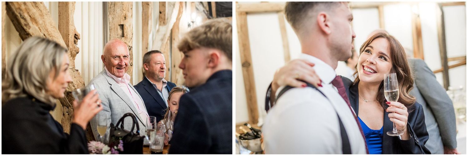Candid photography of wedding guests during the reception at Hampshire's Clock Barn near Whitchurch
