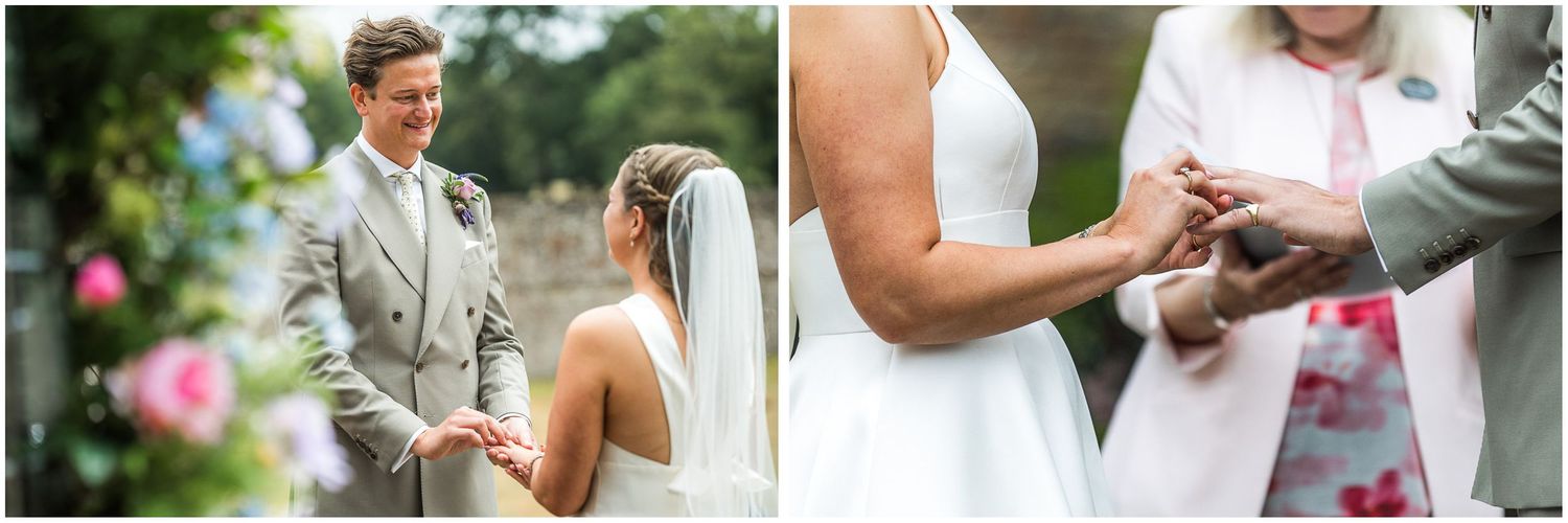 The bride places the wedding ring on the groom's finger.