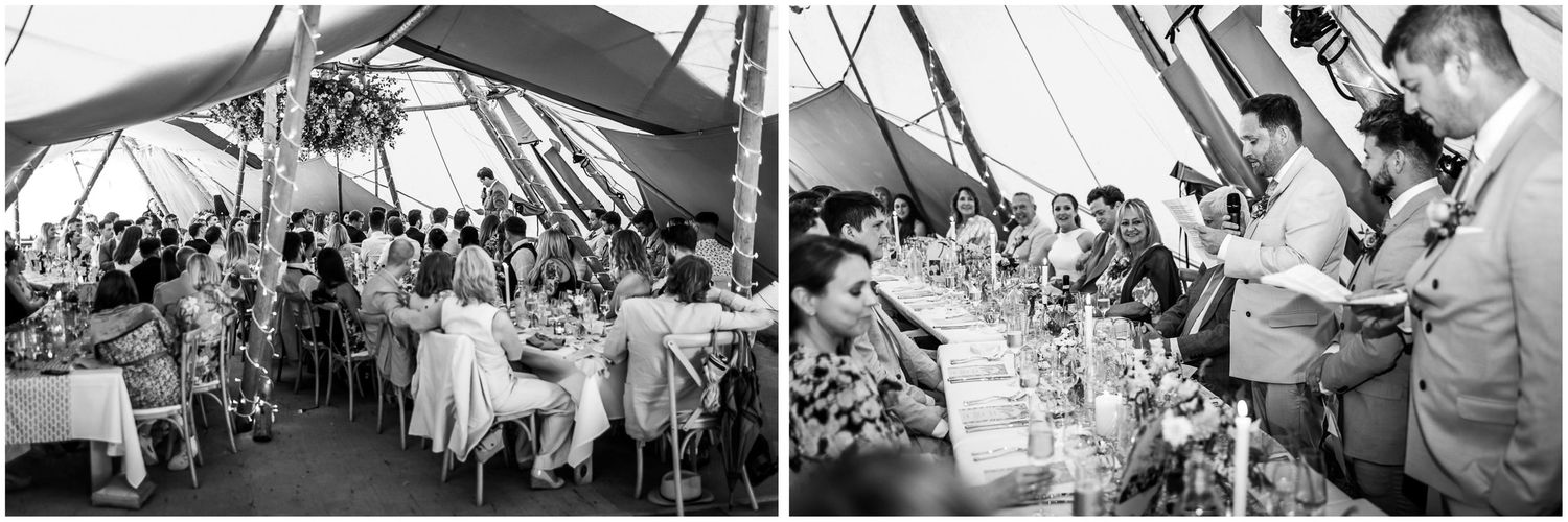 Candid black and white photographs of a wedding reception in a marquee in Hampshire