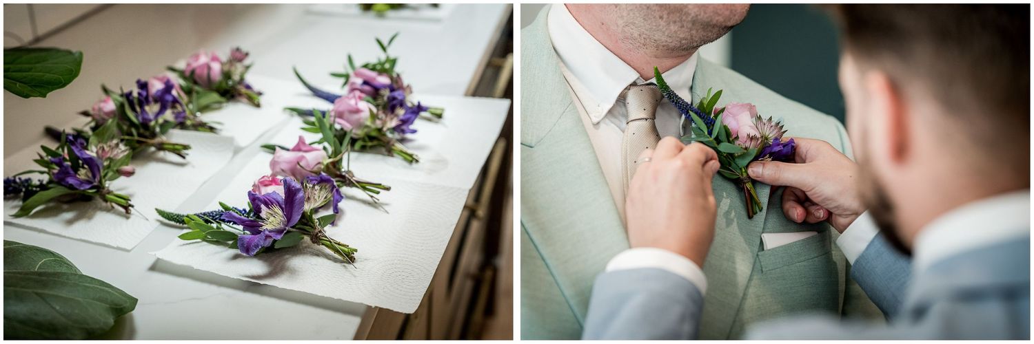 Groom and groomsmen floral button hole detail photographs.