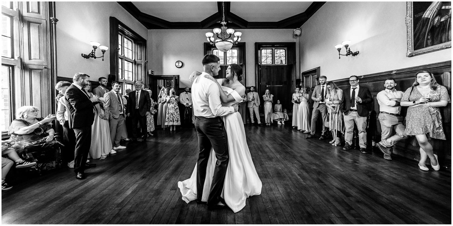 Black and white wedding photos show couples dancing and celebrating during a reception party.