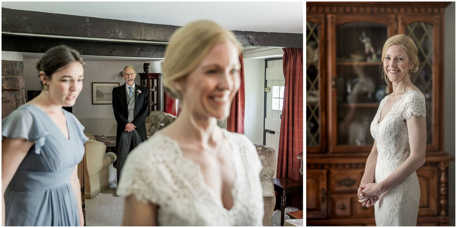 Series of candid moments during wedding preparations in a rustic indoor setting.