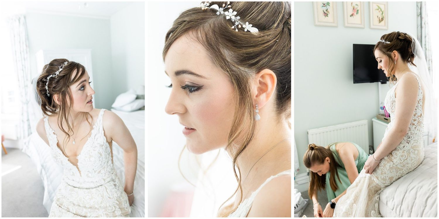 Bridal preparation sequence showing hair styling and final makeup touches.